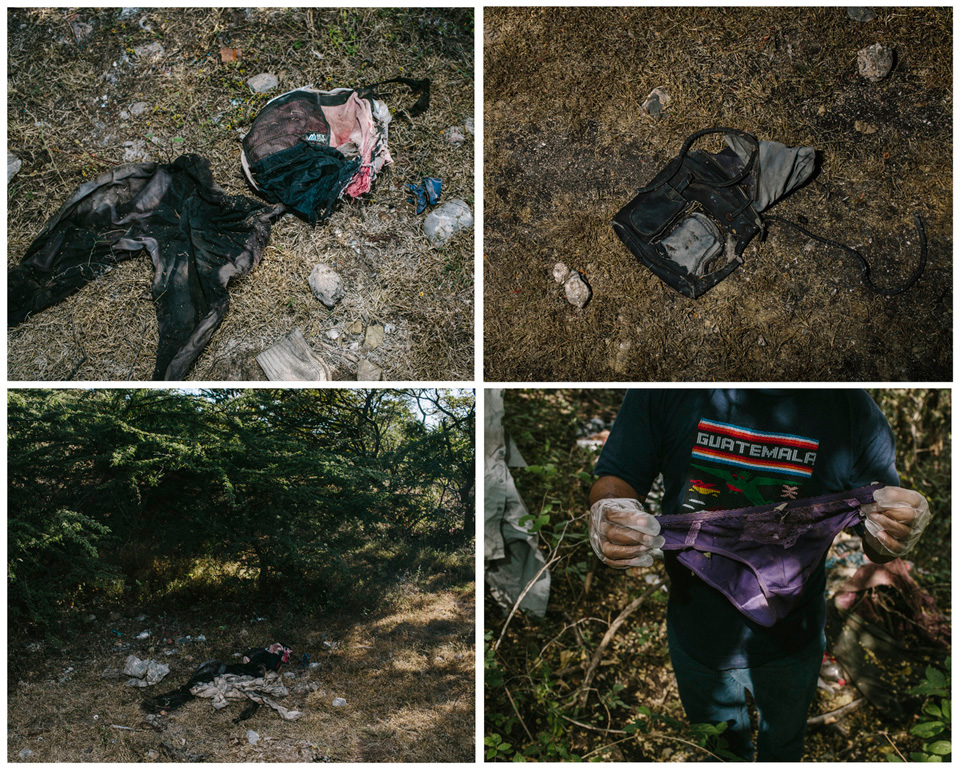 Belongings found at various sites around Iguala. Clothing and trash is an uncommon site in this rural and thickly vegetated mountains. Most often they are signs that people were held in kidnapping camps in the area.