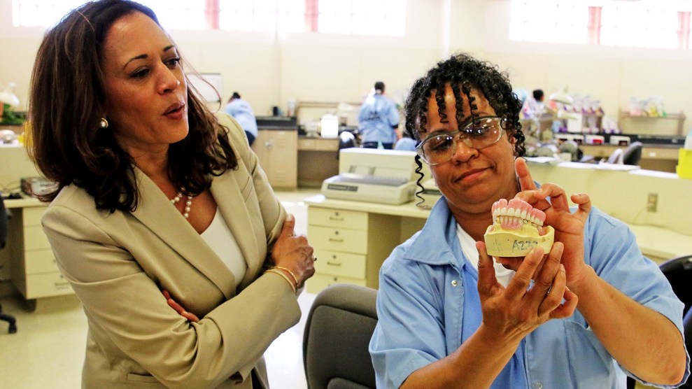 Harris visits a lab at the Chowchilla women's prison where inmates can get certified to make dental prostheses.