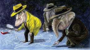 Illustration of elephants in dark suits following a yellow-clad detective