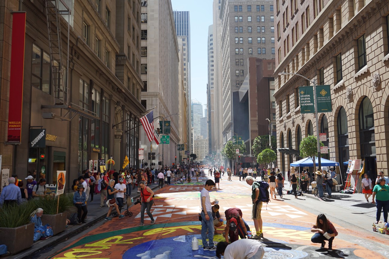 Murals painted by a coalition of activists stretched across four blocks in San Francisco's Financial District.