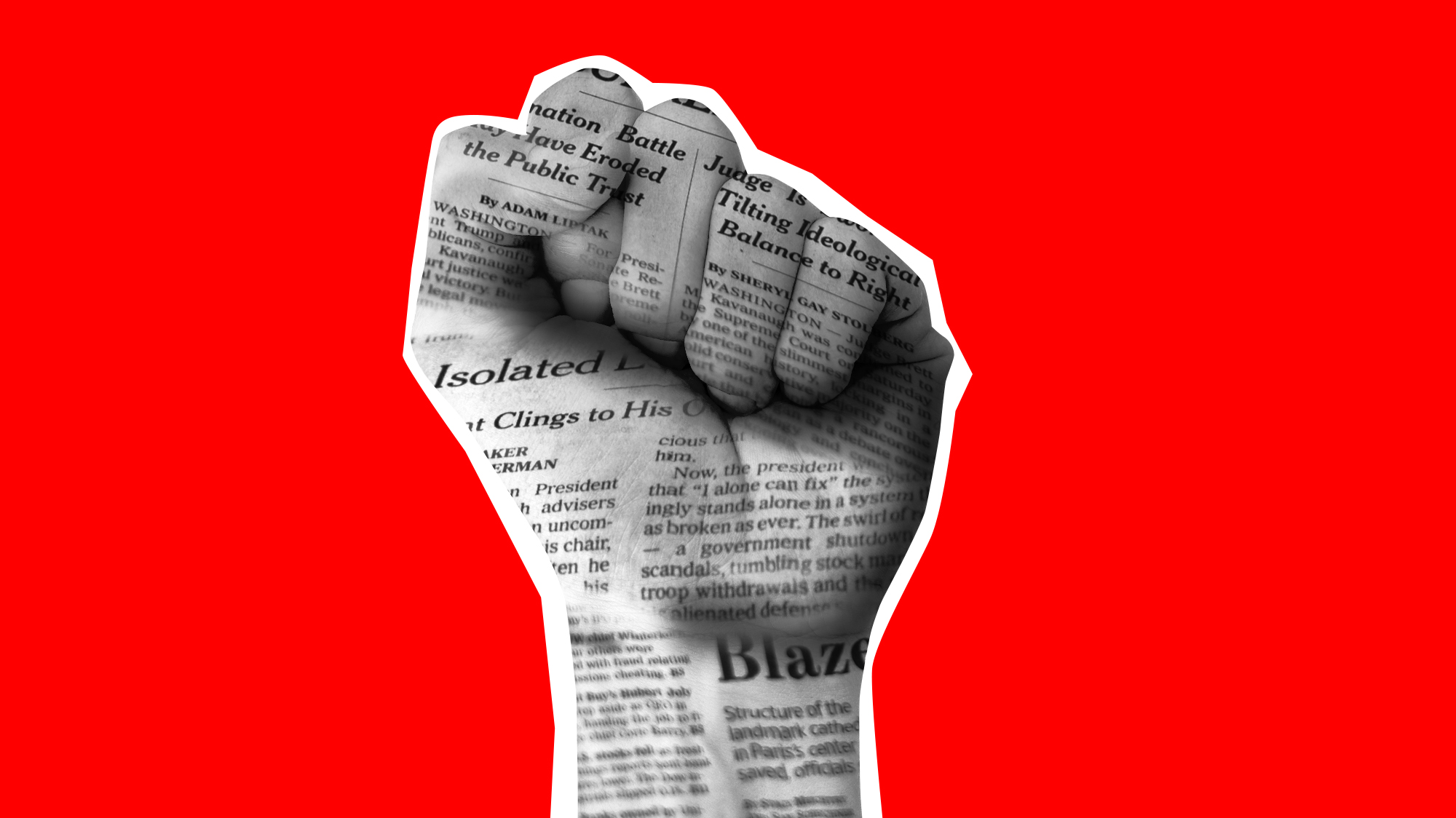 Illustration of a fist made of newsprint