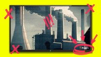 An image provided by PragerU that depicts several smokestacks. At bottom are protesters with raised fists in silhouette. The image is framed by a television and there are red editing marks that underscore that this is unscientific propaganda supplied by PragerU.
