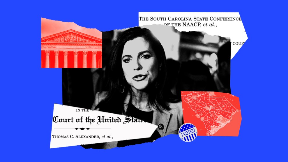 A collage evocative of torn paper that centers South Carolina United States Representative Nancy Mace. Around her are snippets of the legal documents of the case before the Supreme Court: Alexander v. South Carolina State Conference of the NAACP. There is also an image of the portico of the Supreme Court, a map of South Carolina's congressional districts, and an 'I Voted' sticker.
