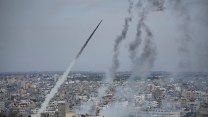 A missle in the air above the Gaza Strip