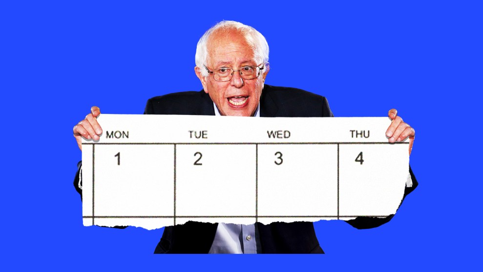 Berni Sanders holding up an oversized, torn piece of calendar that reads Monday, Tuesday, Wednesday and Thursday.