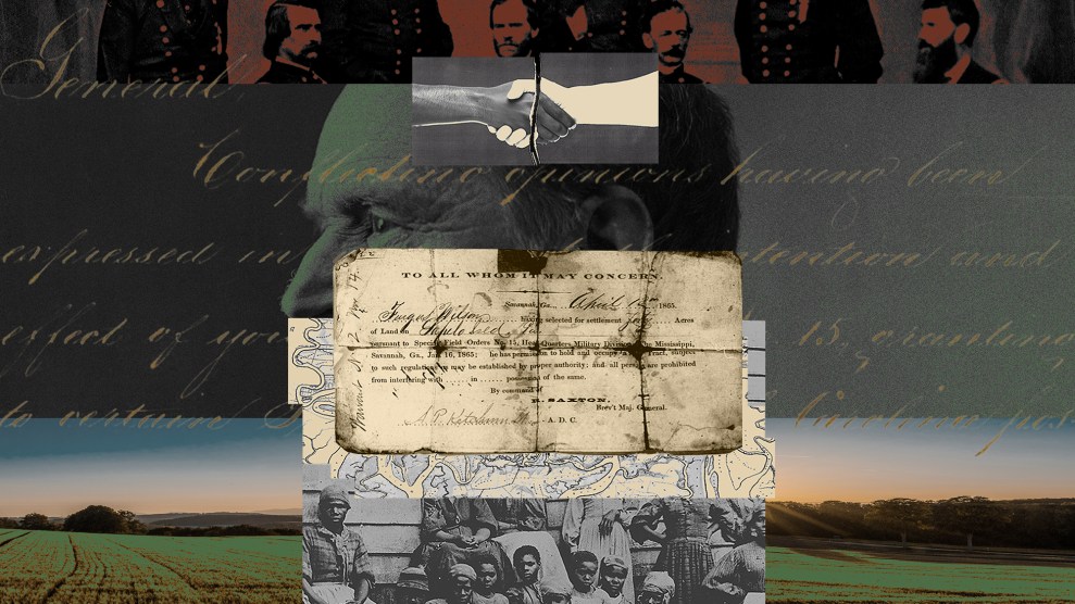 A collage illustration that marries imagery of William T. Sherman with fertile sunlit land and a map. Also in the image are Union soldiers and Black Americans around the time of the Civil War. Overlaying the image is Sherman’s Special Field Orders, No. 15, which reserved coastal land in South Carolina, Georgia, and Florida for the formerly enslaved to live and work on and govern themselves. However, at the top of the illustration is the image of a handshake between a Black and white man…torn in two.