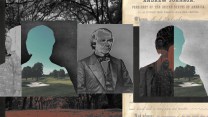 A collage illustration that centers President Andrew Johnson. Included is a snippet of Johnson’s pardon of a plantation owner after the Civil War. To the left and right of Johnson’s portrait is his paper silhouette, which frames a gathering of Black people, as well as a golf course. Skidaway Island, the land that was once granted to formerly enslaved Black people by William Sherman’s Special Field Orders, No. 15, is now an enclave for the wealthy.