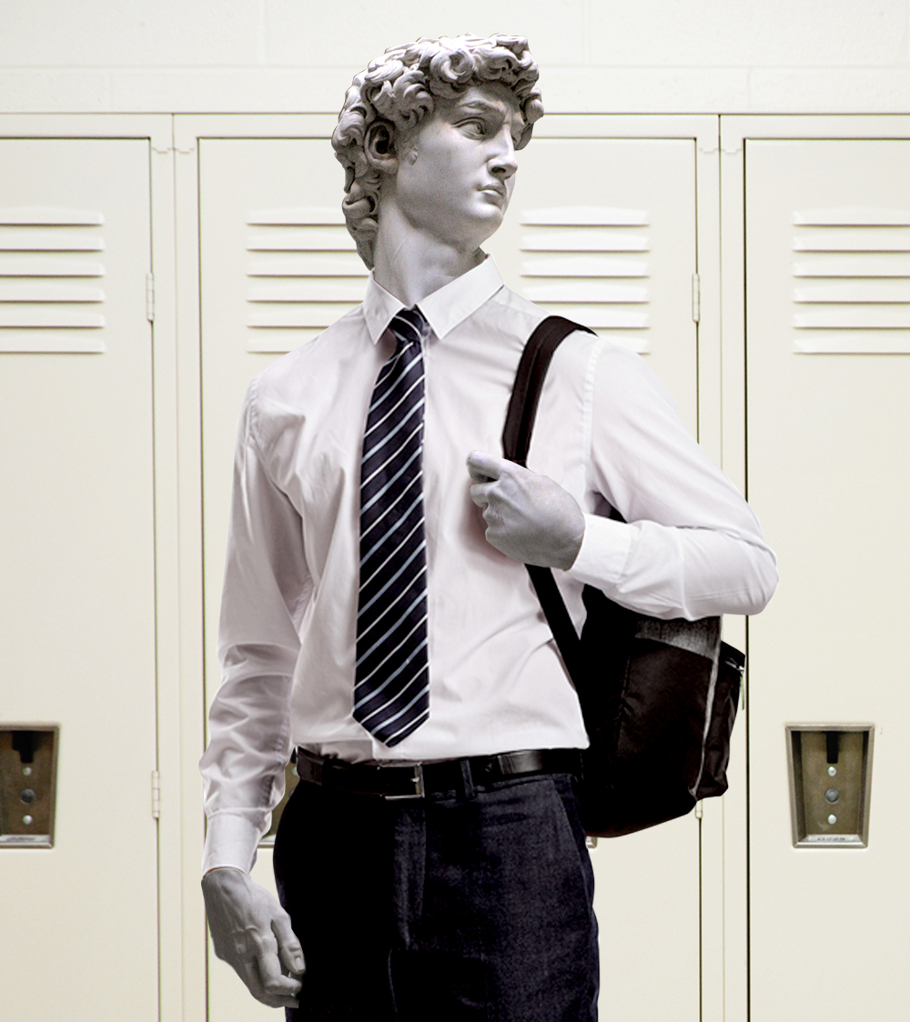 The statue of David is wearing a prep school uniform and standing in front of high school lockers with a backpack slung over his shoulder.