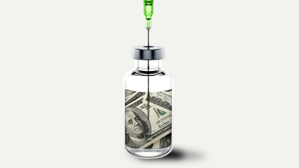 A graphic of a needle going into an insulin bottle, which has $100 dollar bills in it