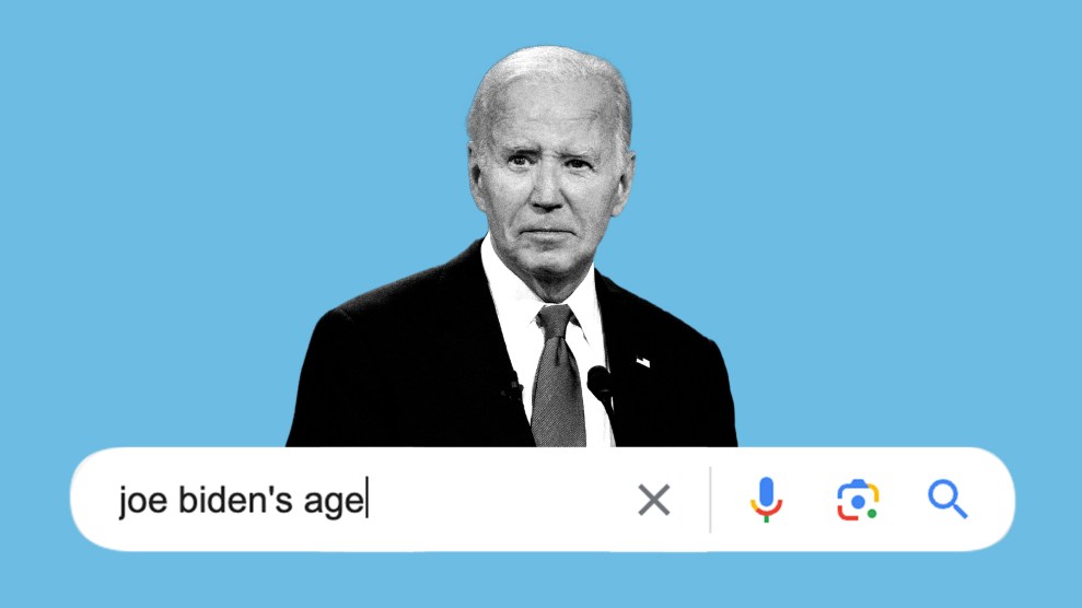 A cut-out photo of President Joe Biden is displayed against a blue background. Below the photo, there is a search bar with the text 'joe biden's age' typed in.