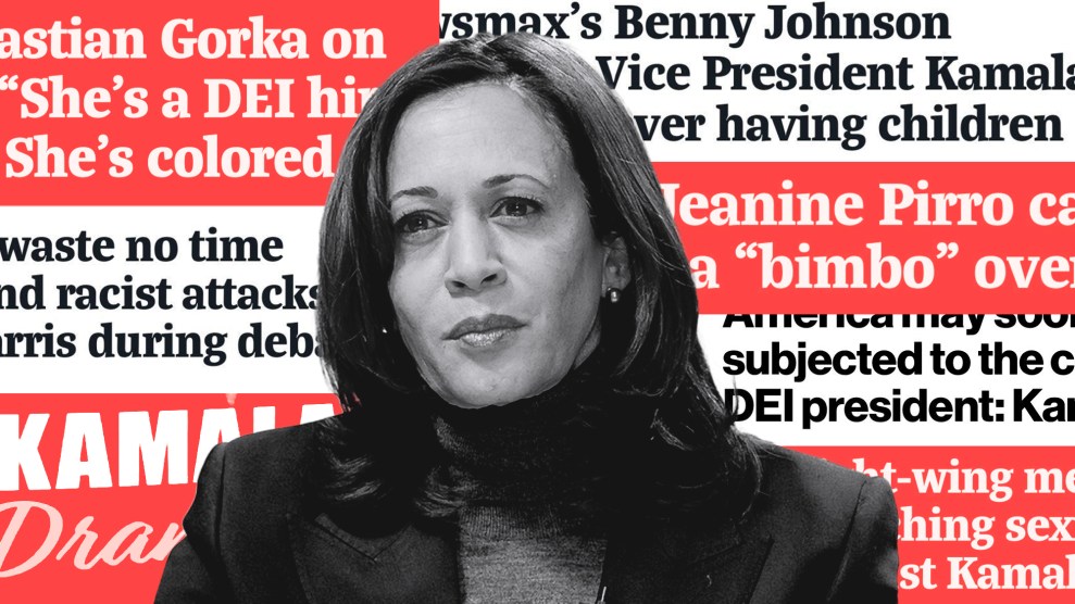 An image of Vice President Kamala Harris layered over a wall of headlines that visualize the depraved attacks against her. One of the headlines reads: America may soon be subjected to the country’s first DEI president: Kamala Harris. Another headline says: Newsmax’s Sebastian Gorka on Kamala Harris: “She's a DEI hire. She's a woman. She's colored.”