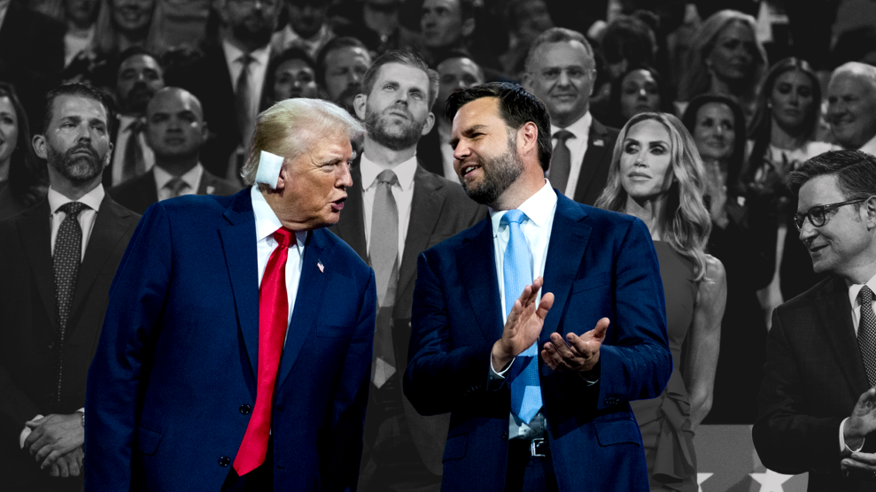 President Donald Trump, the Republican presidential nominee, his running mate Sen. J.D. Vance, R-Ohio, and Speaker of the House Mike Johnson, R-La., are seen together applauding from their seats at Fiserv Forum on the first day of Republican National Convention in Milwaukee, Wis.