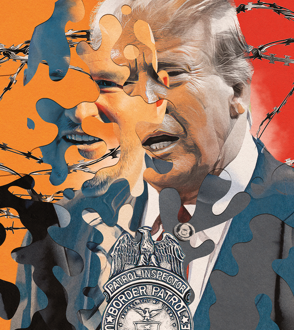 Photo collage featuring Brandon Judd, president of the Border Patrol union, former president Donald J. Trump, the Border Patrol silver badge, and barbed wire.