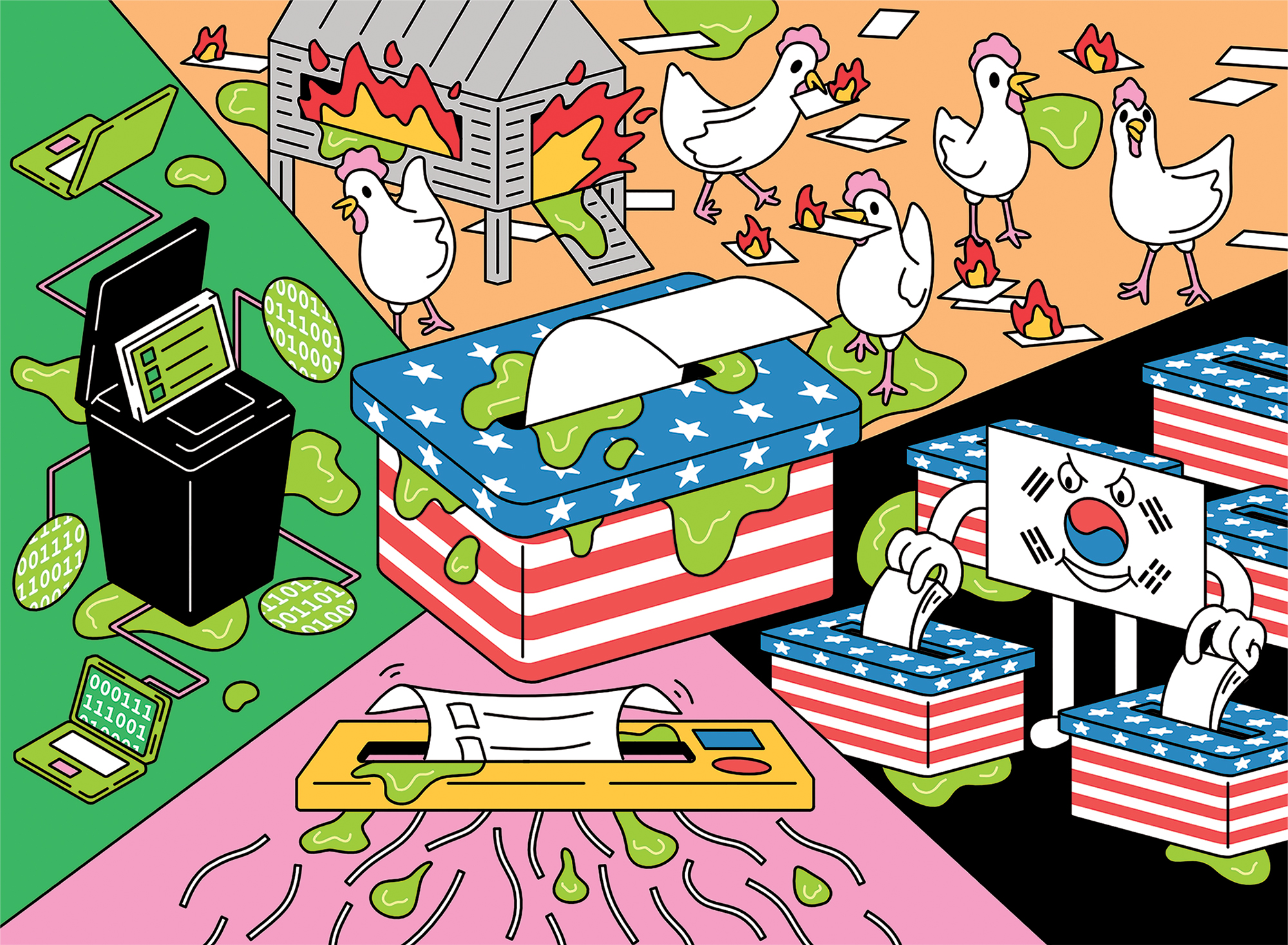 Illustration of chaotic scene surrounding a ballot box; chickens are carrying ballots that have been set aflame, a South Korean flag puts two ballots in a voting box at once, and an electronic voting console is linked to other laptops. The scene is covered in green poop. 