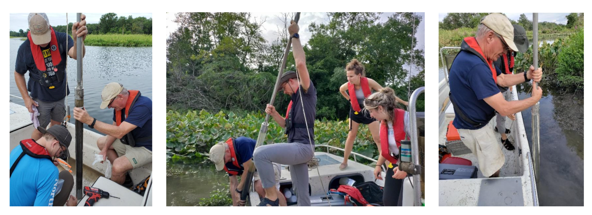 Three photos of scientists with a core sampling probe on a boat.