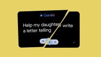 An image of the Google Gemini commercial that reads "Help my daughter write a letter telling ...", except it's split in two on a yellow background.