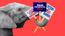 An elephant, representing the Republican Party, holds three signs with its trunk, which read (1) "Close Our Borders"; (2) "Mass Deportation Now!"; (3) and, "Defend the Border".