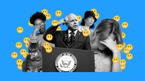 A collage of four people, including Tim Walz, and a cat, looking embarrassed, confused and disgusted. The people are surrounded by grimacing emojis