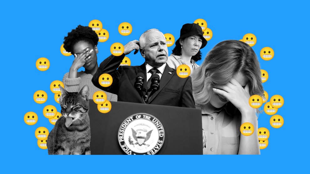 A collage of four people, including Tim Walz, and a cat, looking embarrassed, confused and disgusted. The people are surrounded by grimacing emojis