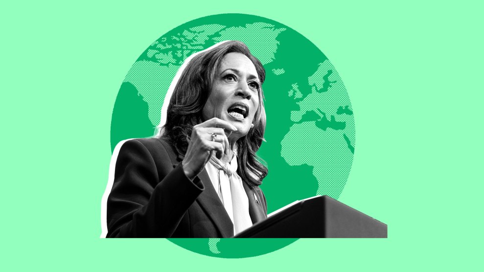 A cut-out photo of Kamala Harris on top of a monochromatic green background. An illustration of the earth is in the center of the background behind Harris.