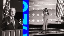 The image is a black-and-white split composition featuring two figures on stage at a political event. On the left, President Joe Biden speaks at a podium with the American flag in the background, and his image is projected on a large screen behind him. On the right, Vice President Kamala Harris stands on a circular stage, holding a microphone and gesturing with one hand.