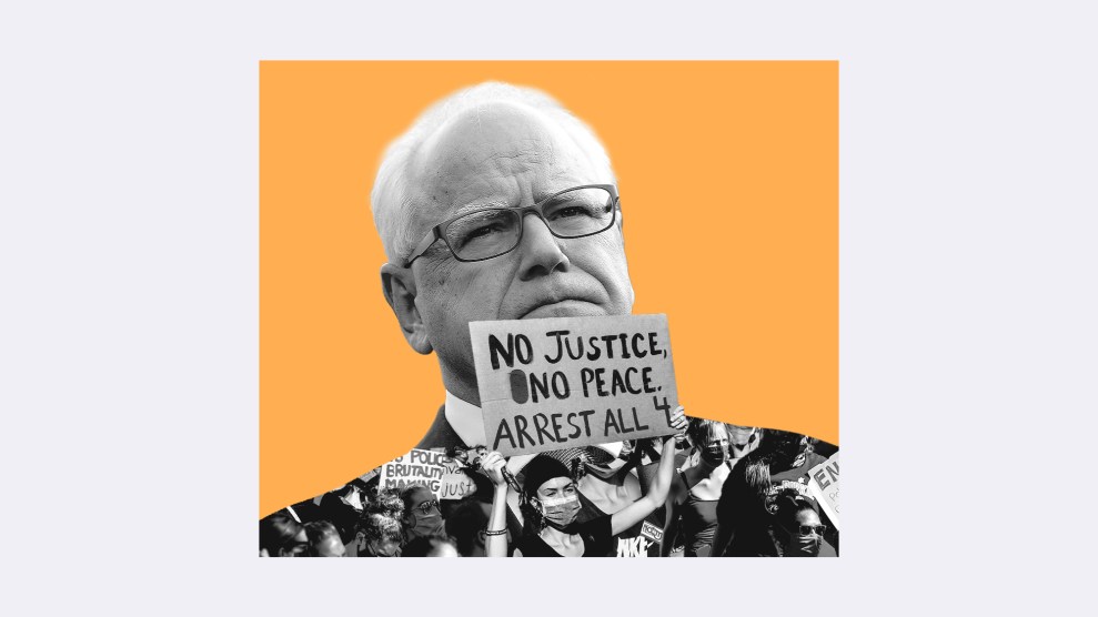 A collage that centers Tim Walz with protesters inset within his silhouette.