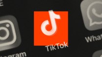 A black and white screenshot of a phone screen with TikTok in the center. There's a square red tint over TikTok's app icon.