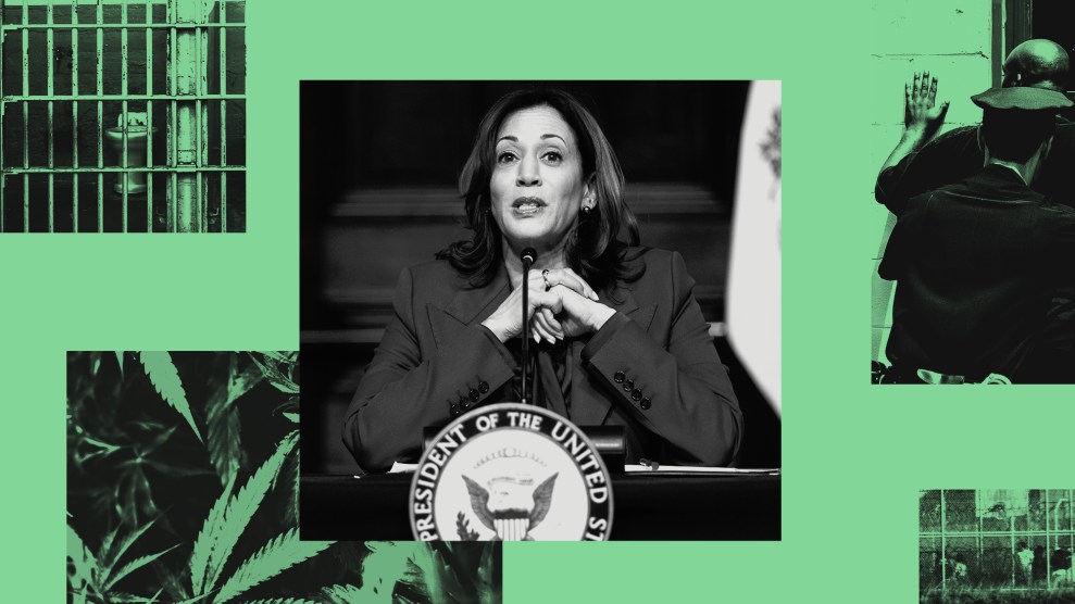 A composite image of Kamala Harris in black and white with images of marijuana plants, a jail cell, a man being patted down by police, and a prison courtyard in green overlay.