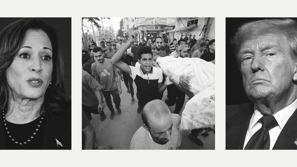 A triptych that features, from left to right, Kamala Harris, a scene from Gaza, and Donald Trump. In the scene from Gaza, Palestinians are marching with a body wrapped in a white blanket dripping with blood.