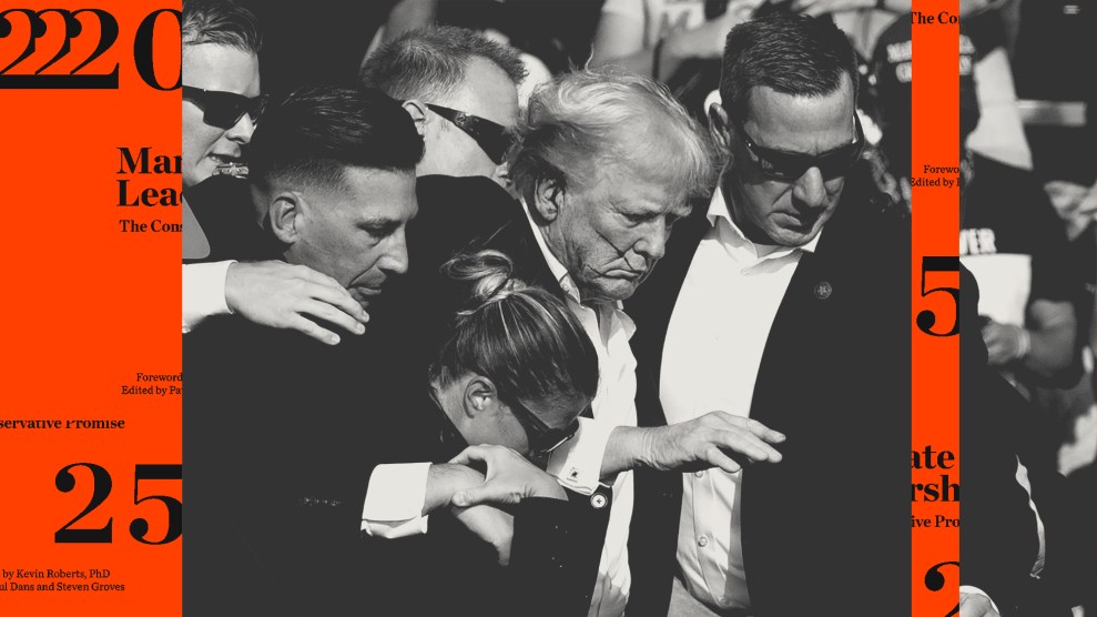 A collage of Donald Trump being helped off stage by members of the Secret Service after the shooting on July 13, spliced with red and black images of the Project 2025 cover.