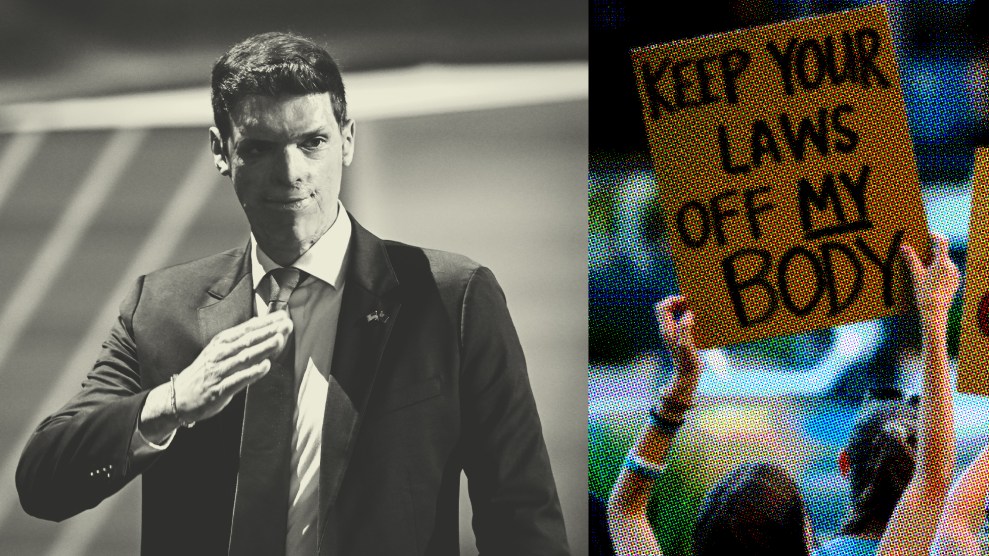 A diptych of Sam Brown on the left, and a protestor who holds a sign above her head that reads "Keep Your Laws Off My Body."