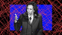 A cutout black and white photo of Kamala Harris against a black and blue background with red scribbles.