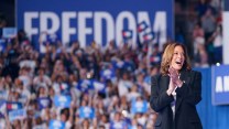 Kamala Harris clapping onstage in a suit. There is a crowd of people and a large blue sign that says "Freedom" behind her.