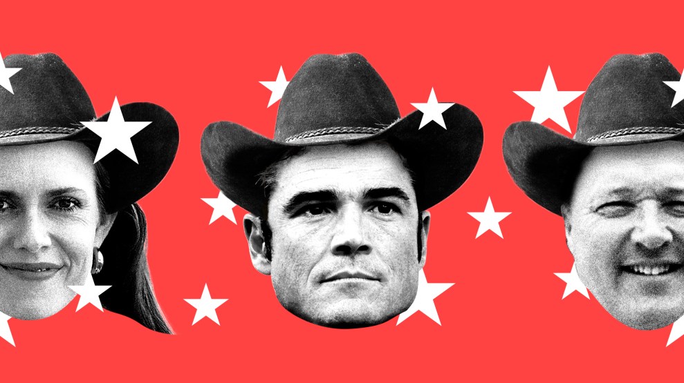 A photo illustration of three individuals in black-and-white, each wearing a cowboy hat. The background is red and has white starts scattered throughout.