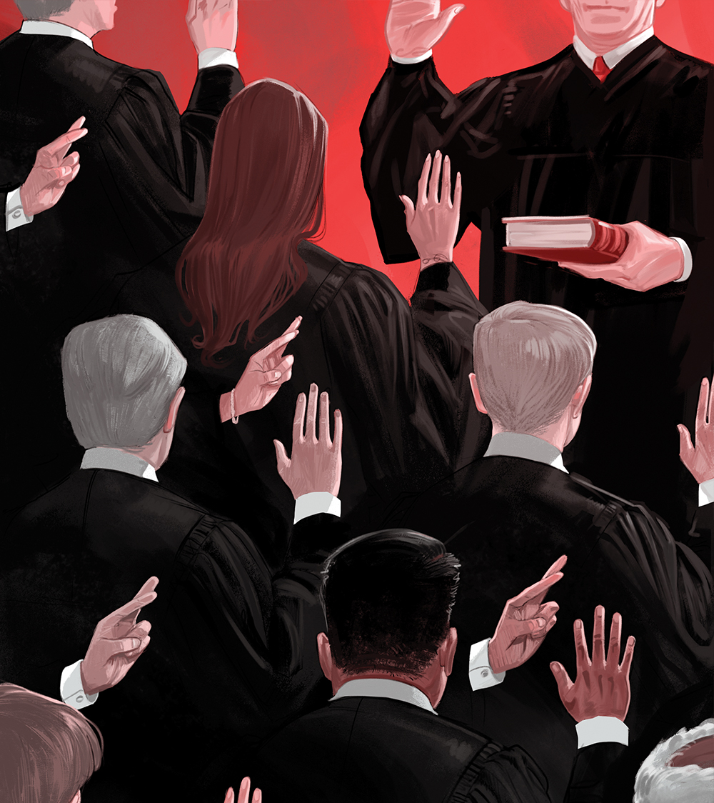 An illustration of judges. Seen from behind, they hold up their right hands to swear an oath. Some of the judges have their fingers crossed behind their backs.