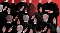 An illustration of judges. Seen from behind, they hold up their right hands to swear an oath. Some of the judges have their fingers crossed behind their backs.