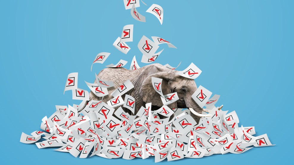 A photo realistic illustration of an elephant, representing the Republican Party, standing in a pile of ballots that are raining down from above. The elephant is nearly completely covered in ballots.