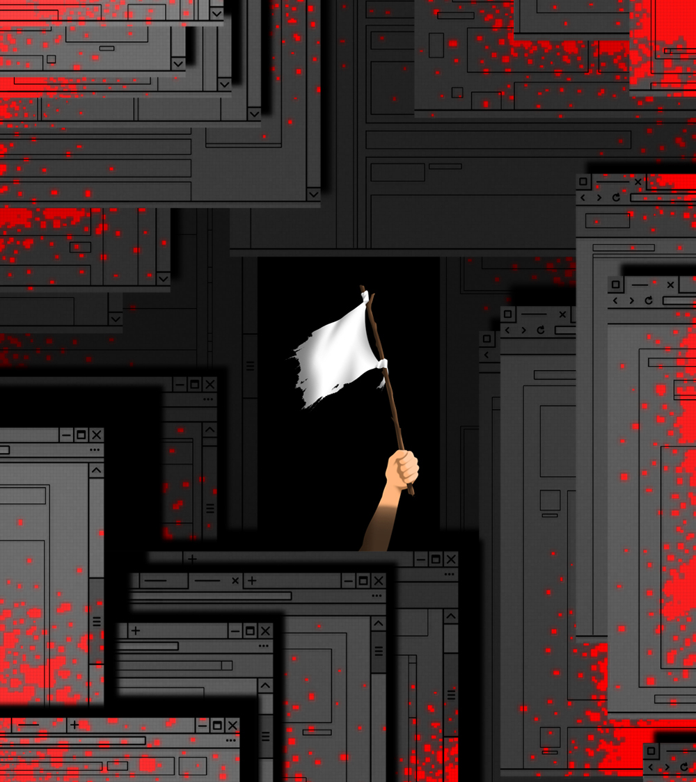 Illustration of a raised arm waving a white flag from behind layers of dark web pages. The flag is meant to symbolize a call for a truce.