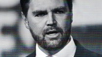 A closely cropped image of JD Vance's face in black and white. The image has thin streaks of red, yellow, blue and green lines evocative of a broadcast television reception.