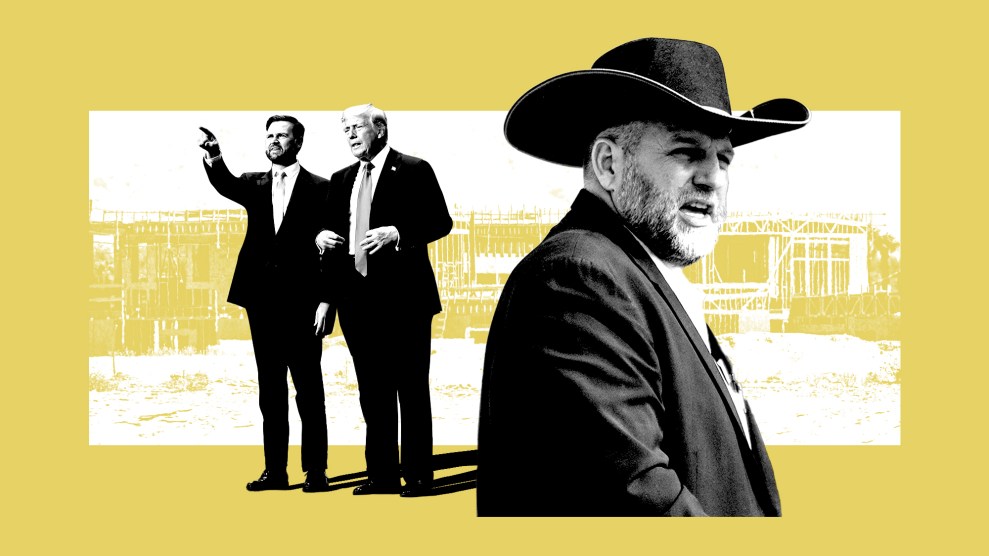 A collage image shows three men in formal attire. On the left, JD Vance and Donald Trump stand together—Vance is pointing, while Trump gestures as if speaking. They are set against the backdrop of a partially constructed building. On the right, a third man, wearing a cowboy hat and sporting a beard, looks off into the distance. The background is in a muted yellow tone, with the construction site faintly visible.