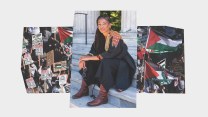 Photo collage featuring an image of Dr. Ruha Benjamin sitting on marble steps of a building; behind her is a photo of pro-Palestinian protesters holding signs, carrying the Palestinian flag, and wearing keffiyehs.