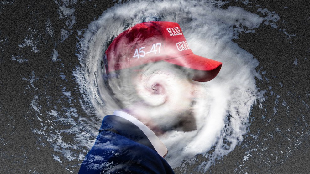 A man with a beard wearing a red “Make America Great Again” hat is superimposed into the center of a swirling hurricane. His face is obscured by the twisting clouds, and it looks like the hurricane is swirling around his head.