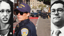 This illustration is a triptych photo collage. On the left is San Francisco District Attorney Brooke Jenkins, lips pursed, as she looks to our right. Center is a police officer in baseball cap and sunglasses in the foreground. Behind the officer to our right, other officers secure a crime scene. On the right, Ryan Khojasteh, wearing glasses along with suit and tie, stares resolutely towards our left.