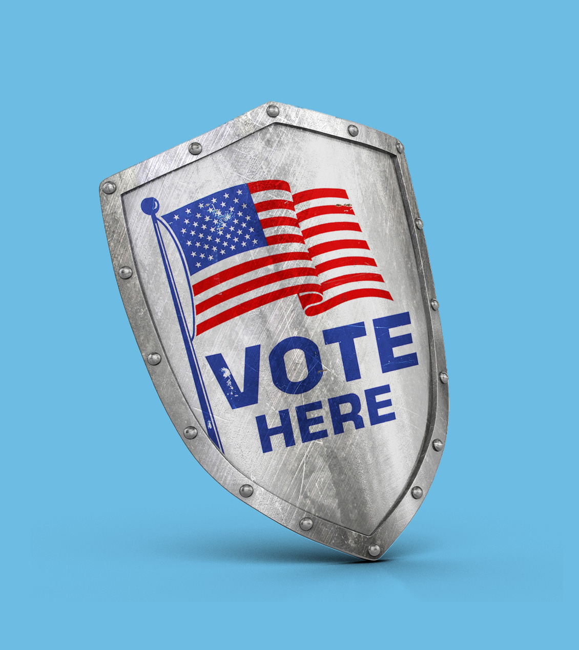 A photo illustration of a realistic shield with the words "VOTE HERE" and an American flag graphic printed on the front