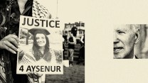 A diptych that pairs an image from a vigil for Aysenur Ezgi Eygi, with a person holding a picture of her that reads, "Justice 4 Aysenur." On the right is a smaller, closely cropped image of Joe Biden’s face.