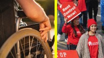 A diptych that features a photo of a woman sitting in a wheelchair on the left, and a photo of people carrying signs on the right. One of the signs read 'Rent Control Now!' The people on the right are also wearing red shirts that read 'Housing is a Human Right.'