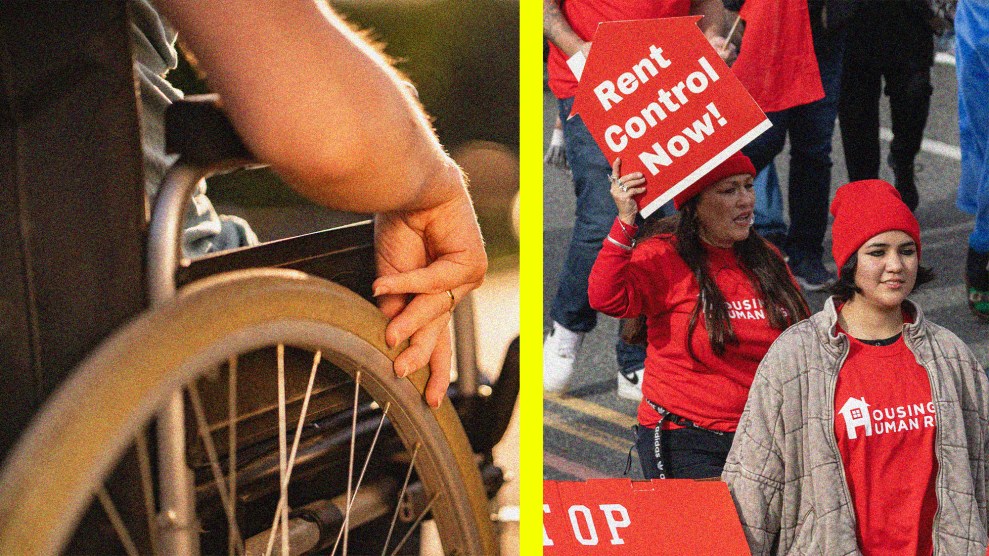 A diptych that features a photo of a woman sitting in a wheelchair on the left, and a photo of people carrying signs on the right. One of the signs read 'Rent Control Now!' The people on the right are also wearing red shirts that read 'Housing is a Human Right.'