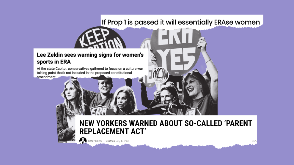 A collage overlays headlines opposing Proposition 1 over an image of people holding signs in support of the ballot measure.