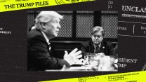 A black-and-white photo of Donald Trump with Steve Bannon. A yellow-green frame at the top reads "The Trump Files"