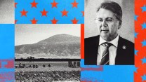 A collage made of red stars, blue stars, a black-and-white photo of farmworkers on a farm, and a black and white photo of a man wearing a suit and tie.